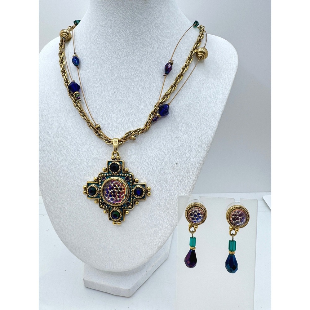 Vintage Gold Tone Necklace Earring Set Purple Teal Dichroic Glass Medallion